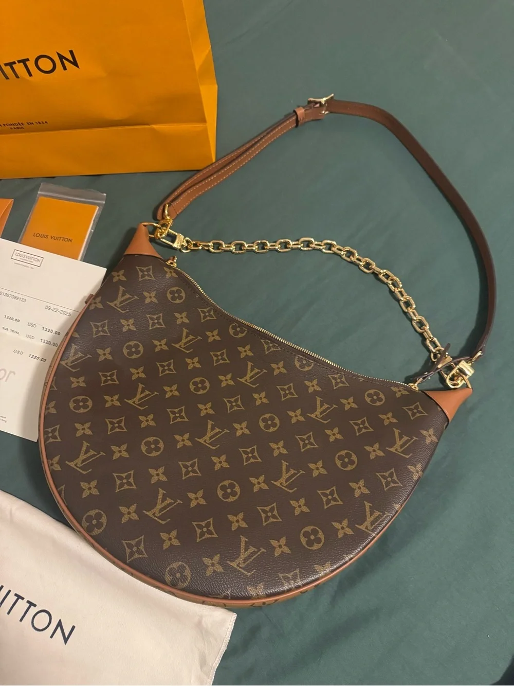 Louis Vuitton style Brown Monogram Crescent Shoulder Bag with Gold Chain